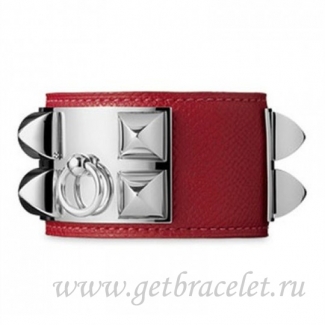 Hermes Collier de Chien Bracelet Red With Silver